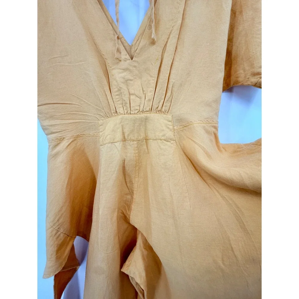 Free People Jumpsuit Womens XS Orange Tie Front Linen Blend Oversized Open Back